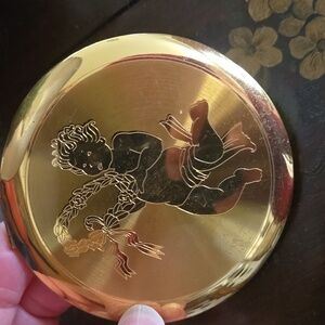 Vintage Wadsworth Gold Compact Mirror Engraved Angel Baby Wreath Bow Made in USA